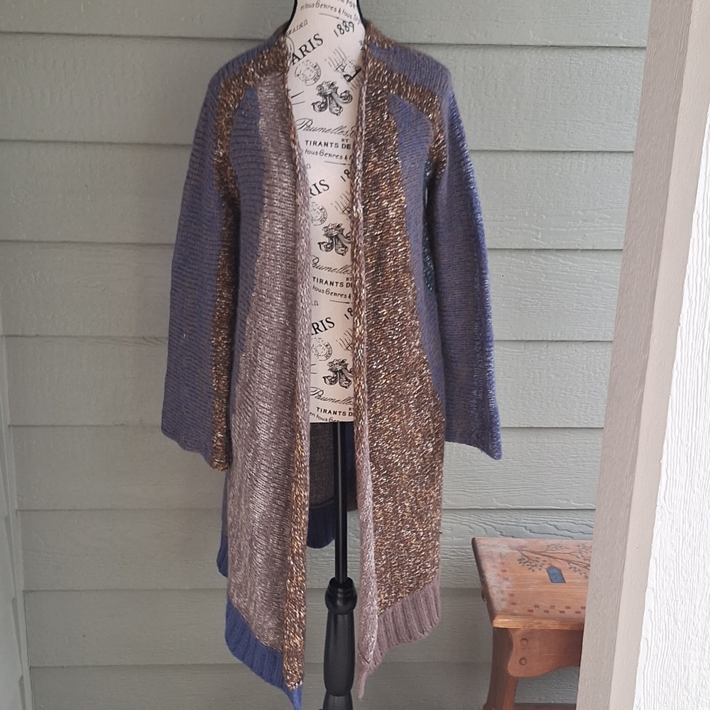 Zadig & Voltaire Deluxe Italian Wool Mohair Maxi Sweater Cardigan Blue Brown S - Picture 2 of 13